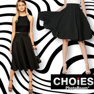 NEW w/TAGS Black High Waist Full A-Line Midi Skater Skirt Sz Large (10)